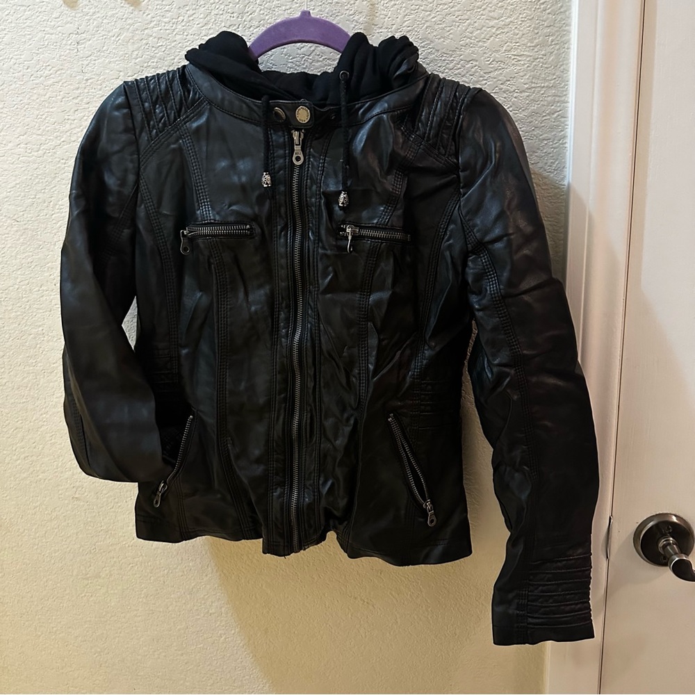 Women's Removable Hooded Faux Leather Moto Biker Jacket